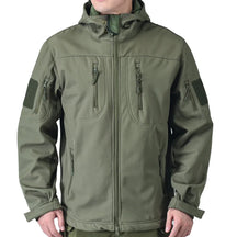 Jaqueta masculina impermeável com capuz e bolsos táticos estilo militar outdoor.