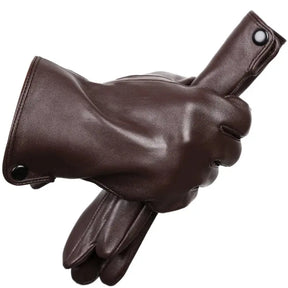 Luva masculina marrom em couro premium com acabamento elegante e proteção térmica para inverno.