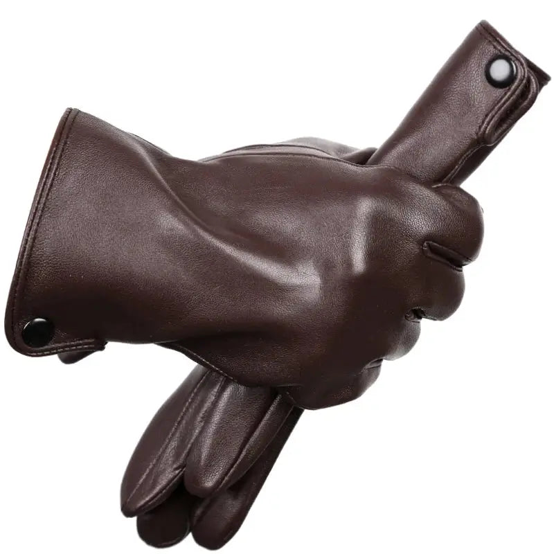Luva masculina marrom em couro premium com acabamento elegante e proteção térmica para inverno.