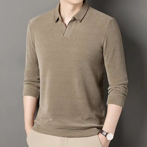 camisa polo masculina de tricot manga longa com tecido macio e elegante exibindo textura do knitwear