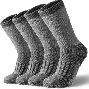 Kit com 4 pares de meias térmicas masculinas em lã merino cinza modelo grosso respirável para inverno e caminhadas.