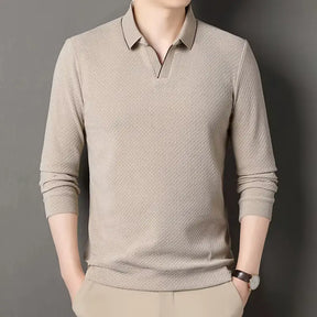 camisa polo masculina de tricot manga longa com tecido macio e elegante exibindo textura do knitwear