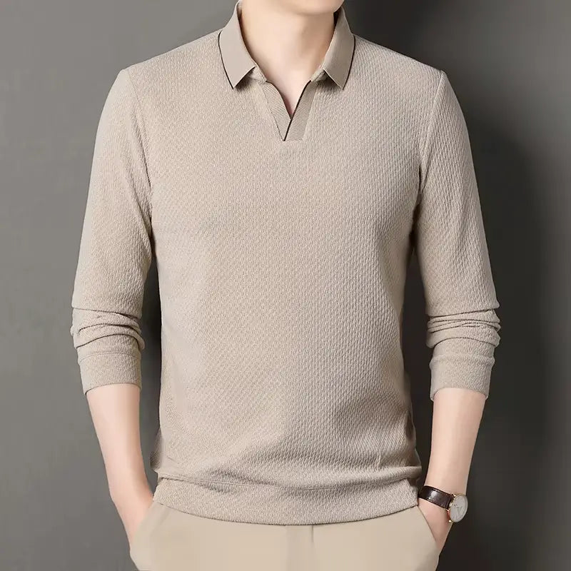 camisa polo masculina de tricot manga longa com tecido macio e elegante exibindo textura do knitwear