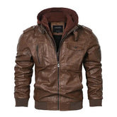 jaqueta masculina marrom estilo couro com capuz removível biker moderna