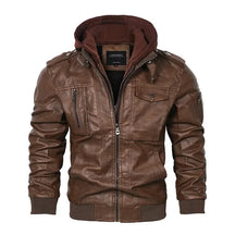 jaqueta masculina marrom estilo couro com capuz removível biker moderna