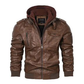 jaqueta masculina marrom estilo couro com capuz removível biker moderna