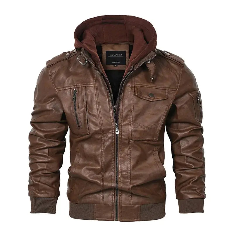 jaqueta masculina marrom estilo couro com capuz removível biker moderna
