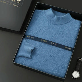 Suéter masculino gola alta em mink cashmere com textura felpada e acabamento premium para inverno