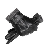 Luva masculina térmica preta em couro legítimo com forro aveludado e função touchscreen para inverno e moto.