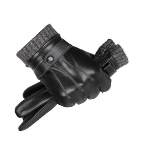 Luva masculina térmica preta em couro legítimo com forro aveludado e função touchscreen para inverno e moto.