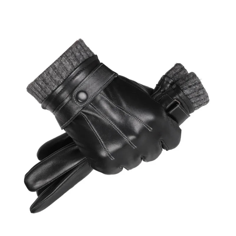Luva masculina térmica preta em couro legítimo com forro aveludado e função touchscreen para inverno e moto.