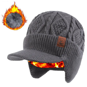 Gorro em tricô premium com aba frontal, proteção para orelhas e forro térmico quente
