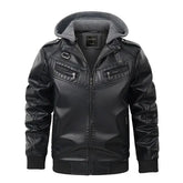 jaqueta masculina preta estilo couro biker com capuz removível e zíper moderna
