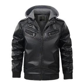 jaqueta masculina preta estilo couro biker com capuz removível e zíper moderna