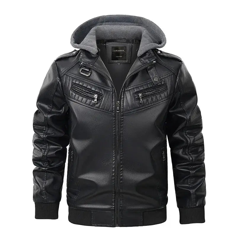 jaqueta masculina preta estilo couro biker com capuz removível e zíper moderna