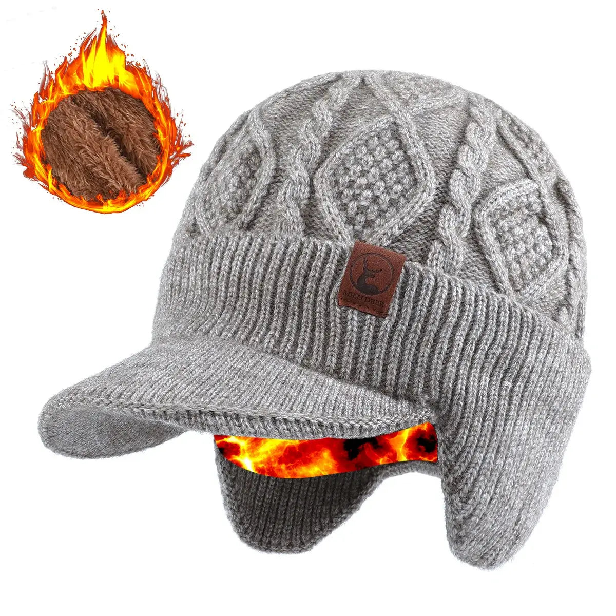 Gorro em tricô premium com aba frontal, proteção para orelhas e forro térmico quente