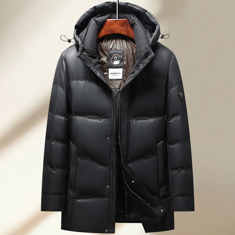Jaqueta masculina preta térmica com pluma de ganso 90% e capuz removível, modelo acolchoado para frio intenso