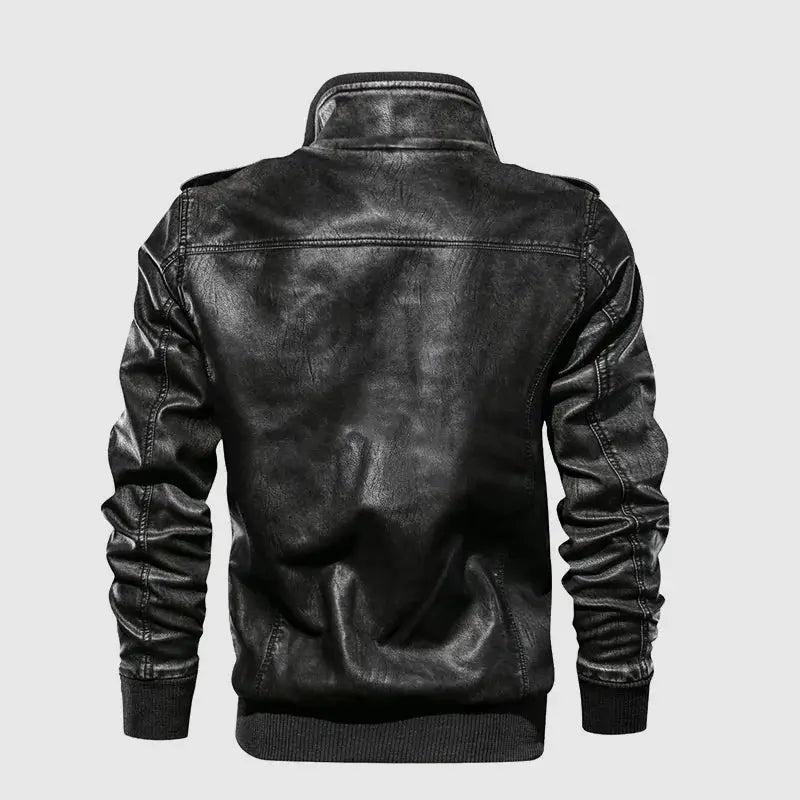 jaqueta masculina estilo couro biker com gola alta e bolsos frontais