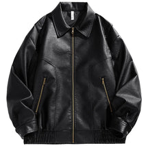 Jaqueta bomber masculina preta em couro premium com zíper metálico e visual urbano sofisticado.