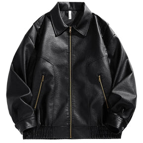 Jaqueta bomber masculina preta em couro premium com zíper metálico e visual urbano sofisticado.