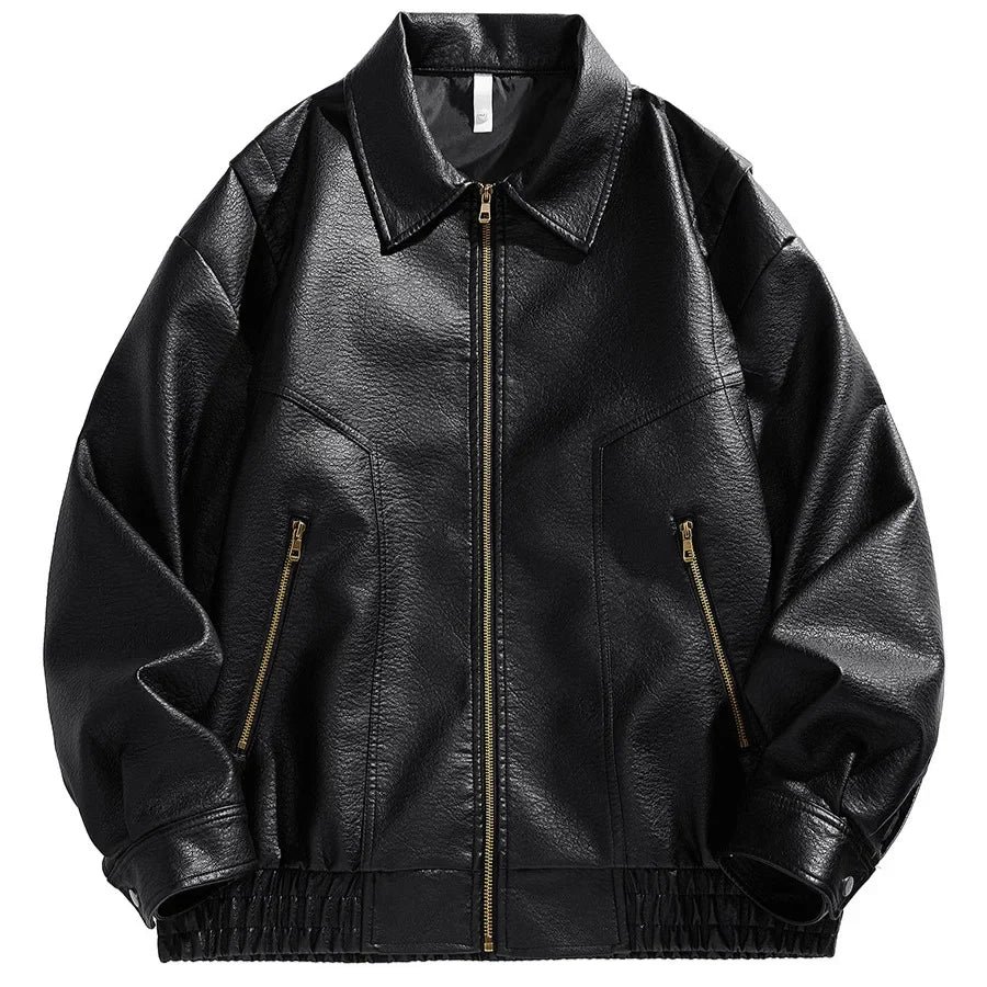Jaqueta bomber masculina preta em couro premium com zíper metálico e visual urbano sofisticado.