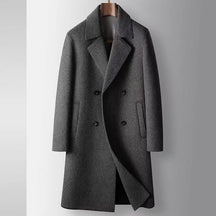 Sobretudo masculino cinza escuro de lã premium com corte longo e abotoamento frontal elegante