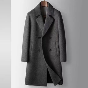 Sobretudo masculino cinza escuro de lã premium com corte longo e abotoamento frontal elegante