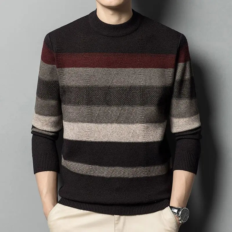 Suéter Masculin Tricô Listrado Gola Alta
