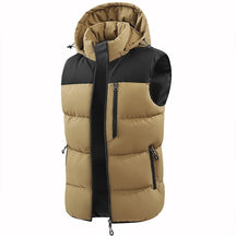 colete masculino acolchoado bicolor com capuz e zíper frontal estilo moderno para inverno