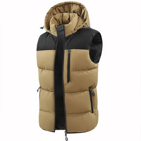 colete masculino acolchoado bicolor com capuz e zíper frontal estilo moderno para inverno