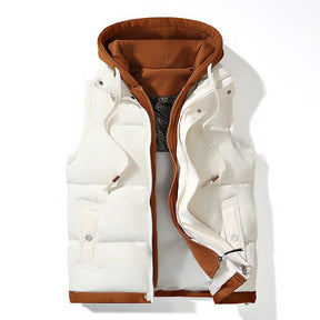 colete masculino acolchoado bicolor com capuz interno e zíper frontal estilo moderno para inverno