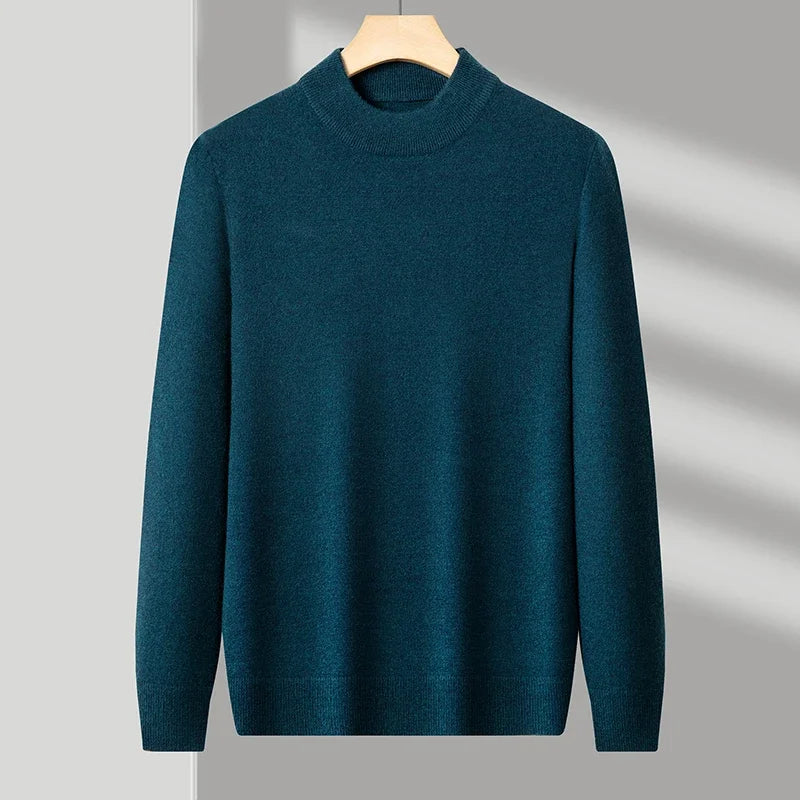 Suéter masculino gola alta em malha tricot dobrado em caixa preta com visual elegante para outono e inverno