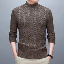 suéter masculino marrom jacquard texturizado gola redonda elegante inverno sofisticado