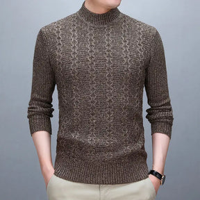 suéter masculino marrom jacquard texturizado gola redonda elegante inverno sofisticado