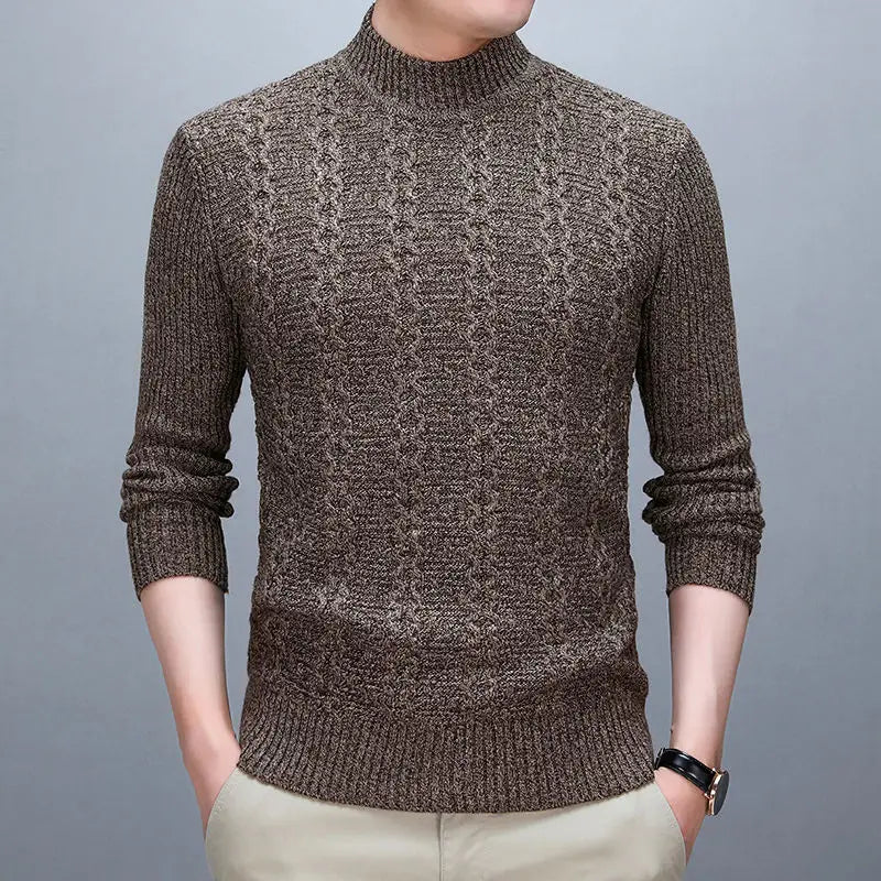 suéter masculino marrom jacquard texturizado gola redonda elegante inverno sofisticado