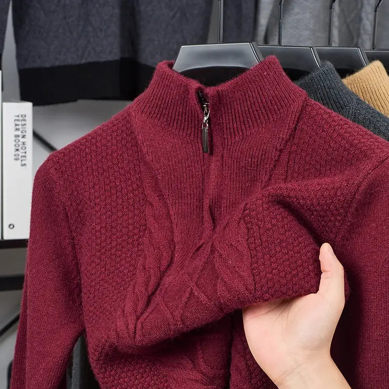 suéter masculino cinza tricô trançado gola alta meio zíper inverno elegante confortável
