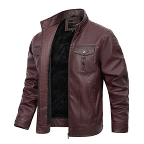 jaqueta masculina vinho estilo couro com gola alta e bolsos frontais moderna