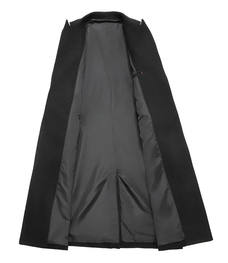 Sobretudo masculino longo em lã com abotoamento duplo e lapela clássica elegante para inverno