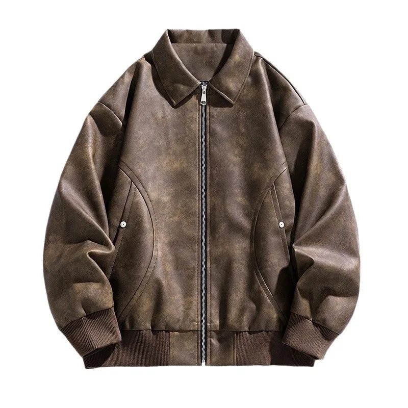 Jaqueta bomber masculina preta em couro premium com zíper metálico e visual urbano sofisticado.