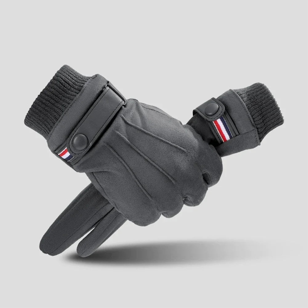 Luva masculina térmica bege estilo camurça com forro plush e função touchscreen para inverno e moto.
