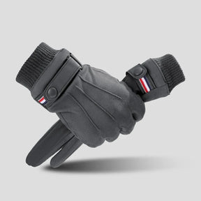 Luva masculina térmica bege estilo camurça com forro plush e função touchscreen para inverno e moto.