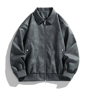 Jaqueta bomber masculina preta em couro premium com zíper metálico e visual urbano sofisticado.
