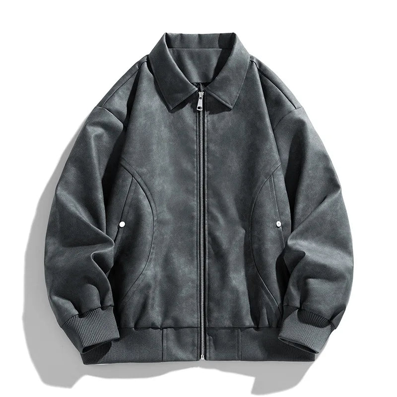 Jaqueta bomber masculina preta em couro premium com zíper metálico e visual urbano sofisticado.