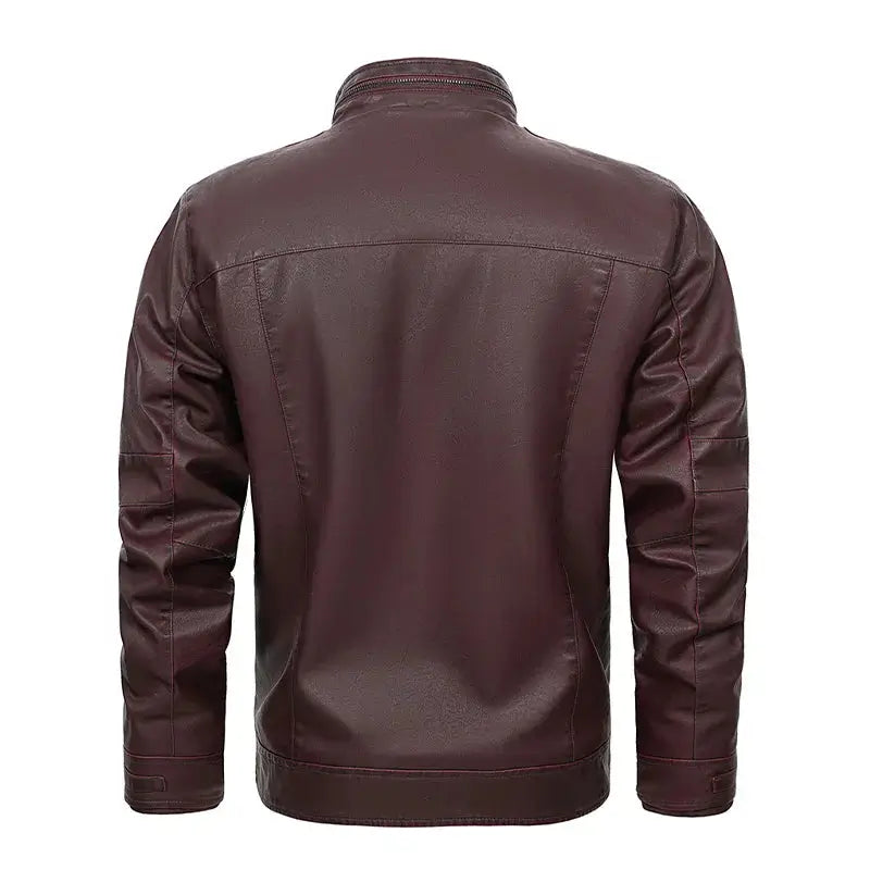 jaqueta masculina vinho estilo couro com gola alta e bolsos frontais moderna