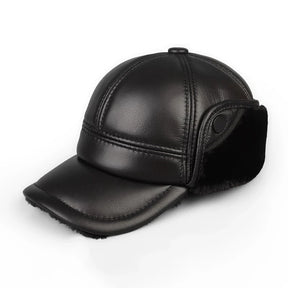 Boné masculino térmico marrom em couro legítimo com proteção auricular felpuda para inverno e frio intenso.