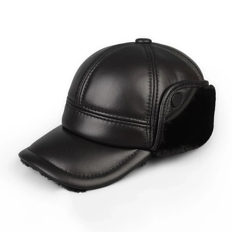 Boné masculino térmico marrom em couro legítimo com proteção auricular felpuda para inverno e frio intenso.