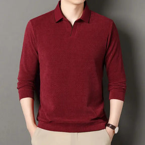 camisa polo masculina de tricot manga longa com tecido macio e elegante exibindo textura do knitwear