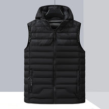 Colete masculino acolchoado preto com capuz removível e zíper frontal ideal para inverno e uso casual