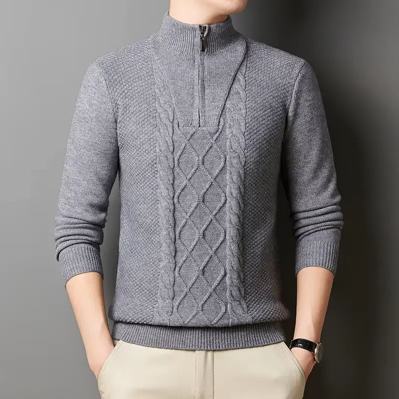 suéter masculino cinza tricô trançado gola alta meio zíper inverno elegante confortável