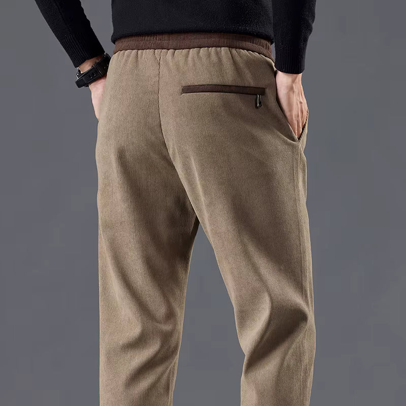Calça masculina de veludo cotelê com cintura elástica e cordão ajustável, modelo reto para outono e inverno